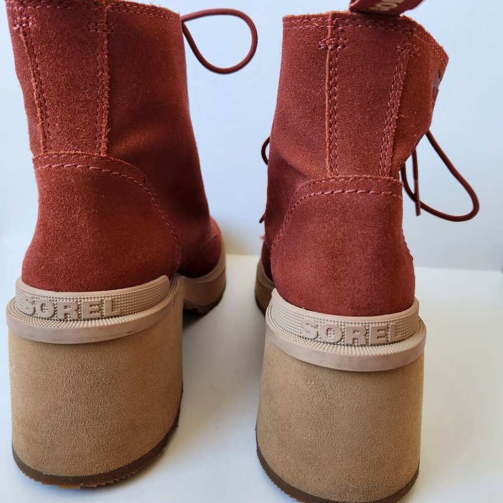 Sorel Hi-Line Heel Suede Lace-Up Platform Boots Orange Rust Red Fall Winter 9.5 - Picture 3 of 10